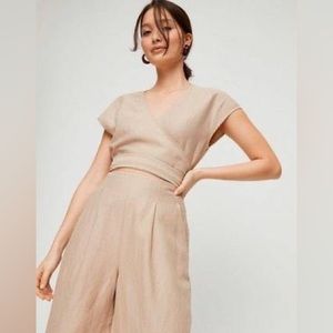 Aritzia WILFRED Brax Jumpsuit Linen Wide Leg Wrap V Neck blush 0 XS